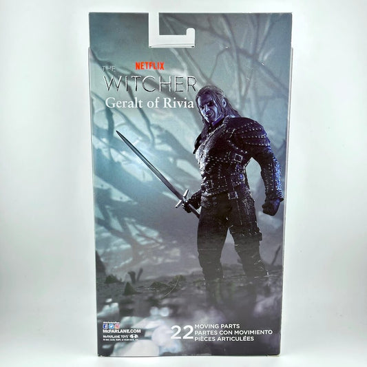 Action figure packaging for 'The Witcher' featuring Geralt of Rivia on a white background
