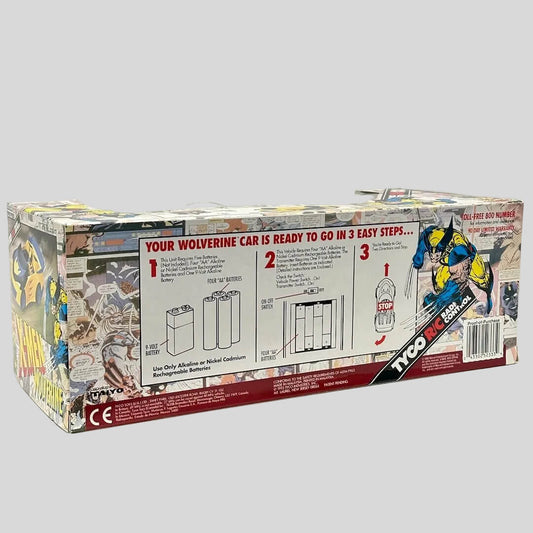 Box for a toy car with instructions and branding on a gray background
