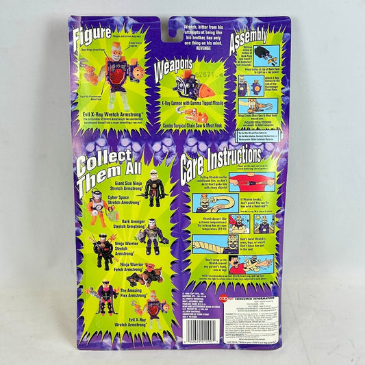 Vintage action figure packaging with character illustrations and text on a purple background