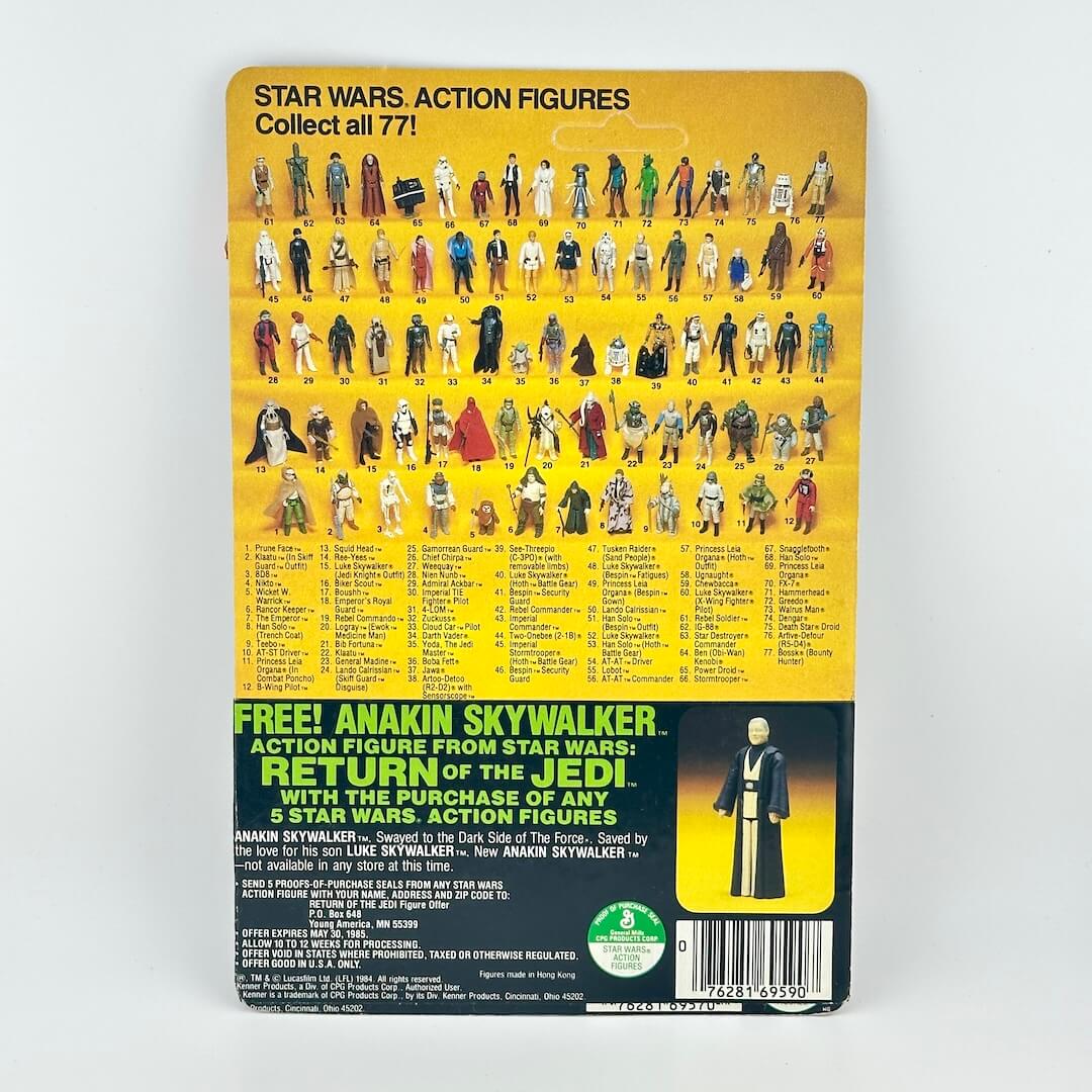 Star Wars action figure packaging with character list on a yellow background