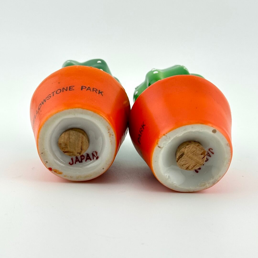 bottom of cactus salt and pepper shakers showing cork plugs and "JAPAN."