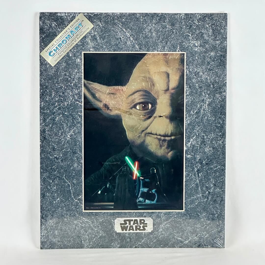 Yoda above lightsaber duel with 'Star Wars' branding on a textured gray background