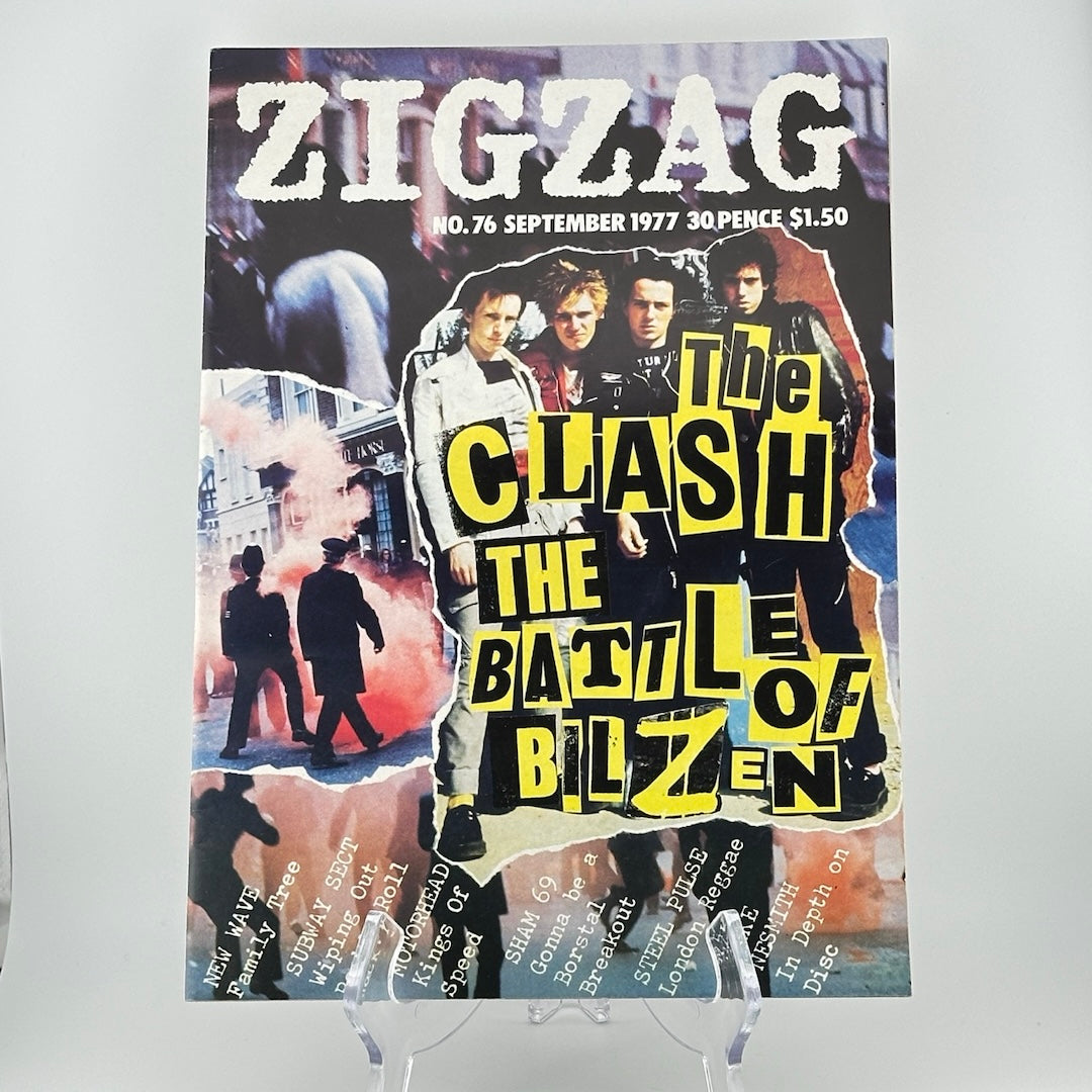 Magazine cover with The Clash pictured behind letter cutout style article title. ZIGZAG printed at top in serif font.