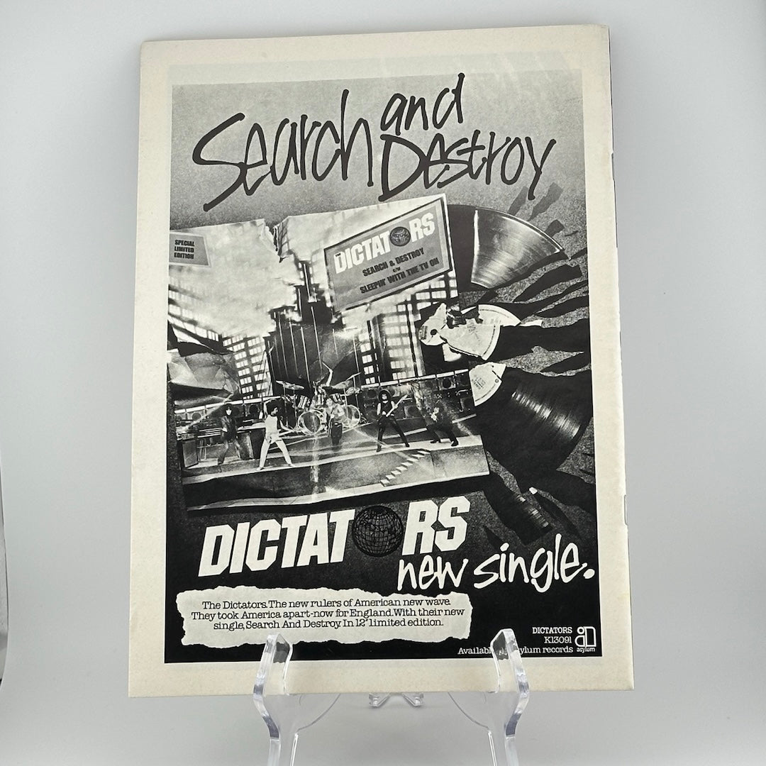 Reverse side of magazine showing an ad for the Search & Destroy single by The Dictators.