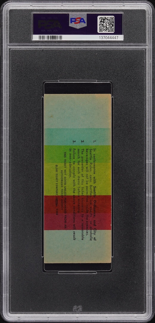 Encapsulated concert ticket with barcode and QR code in banner at top. 