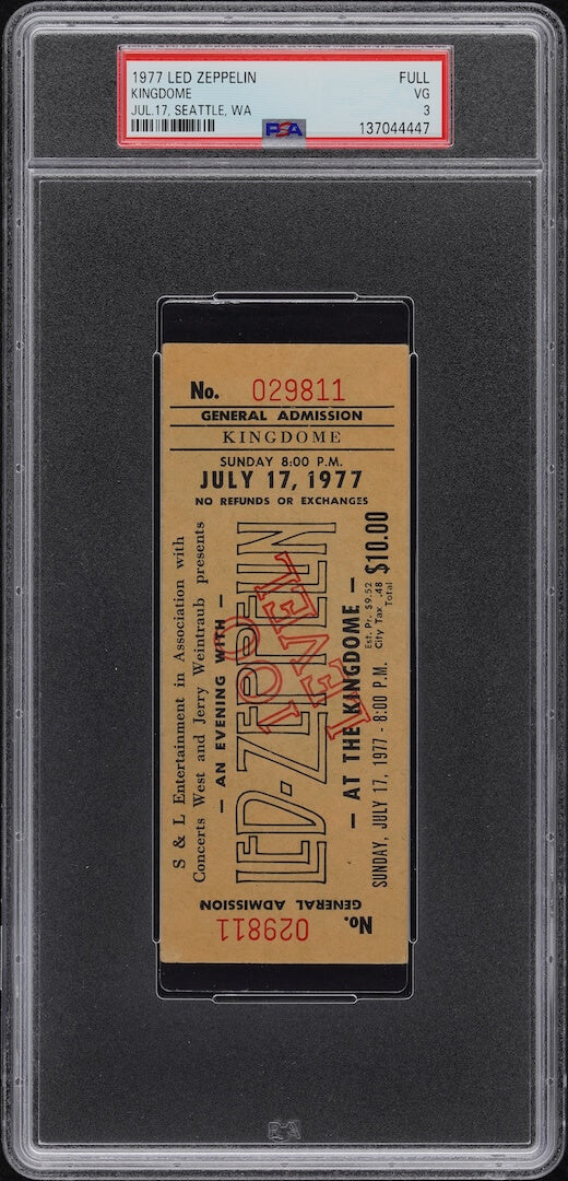Vintage concert ticket for Led Zeppelin at the Kingdome on July 17, 1977, encapsulated in a protective case.