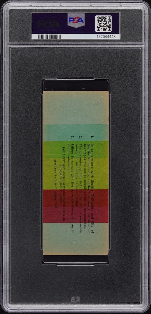 Backside of plastic encased concert ticket with barcode and QR code on banner at top. 