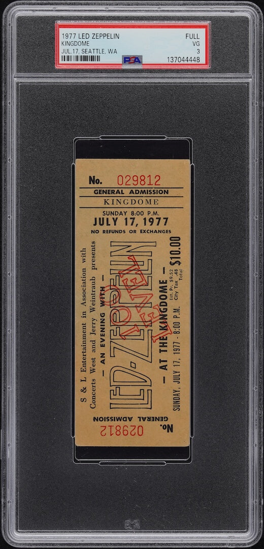Vintage concert ticket for Led Zeppelin's 1977 performance at the Kingdome, encapsulated in a protective case.