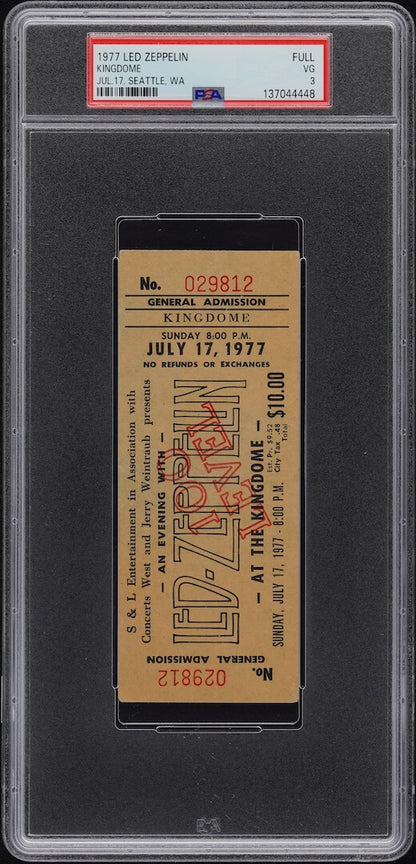 Vintage concert ticket for Led Zeppelin's 1977 performance at the Kingdome, encapsulated in a protective case.