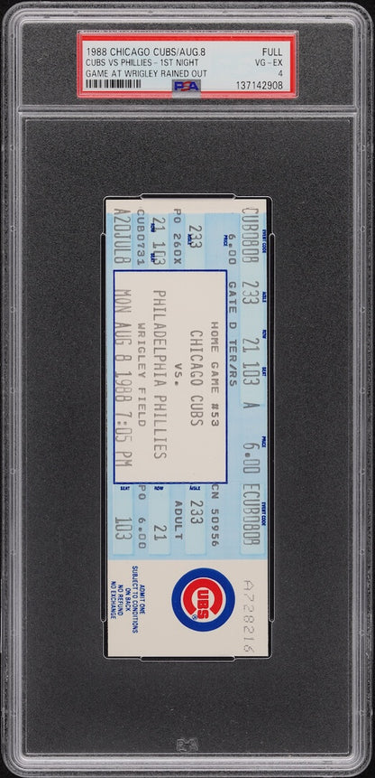 Baseball game ticket for Chicago Cubs vs. Philadelphia Phillies game, framed by a PSA grading sleeve.