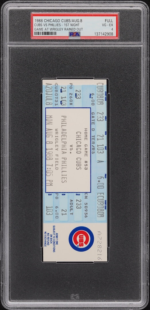 Baseball game ticket for Chicago Cubs vs. Philadelphia Phillies game, framed by a PSA grading sleeve.