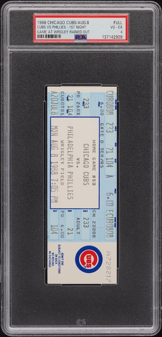 Baseball game ticket from 1986 Chicago Cubs vs. Phillies game, encapsulated in a protective case.