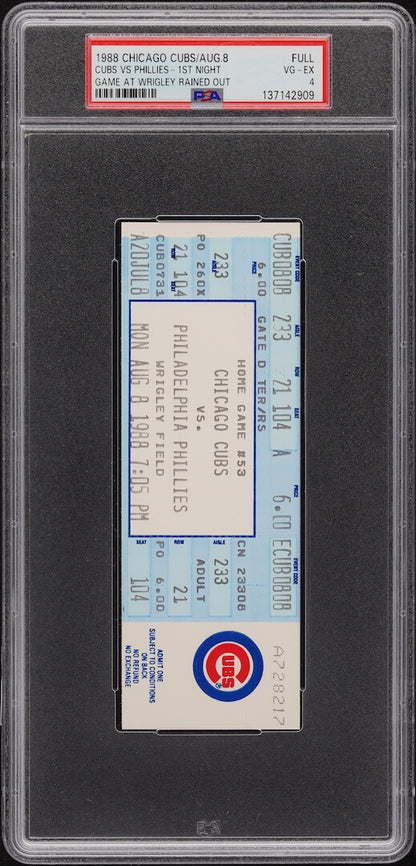 Baseball game ticket from 1986 Chicago Cubs vs. Phillies game, encapsulated in a protective case.