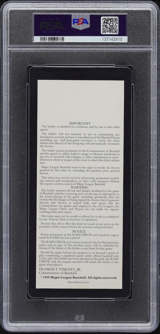 Ticket in a protective frame with a PSA grading label