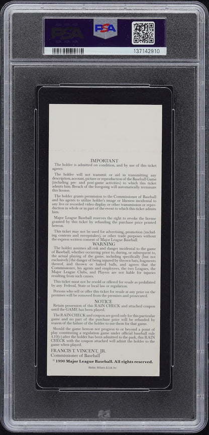 Ticket in a protective frame with a PSA grading label