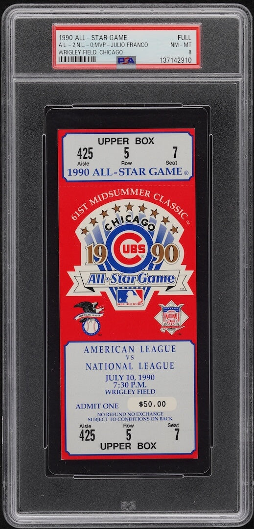 1990 All-Star Game ticket in a protective case with PSA grading label