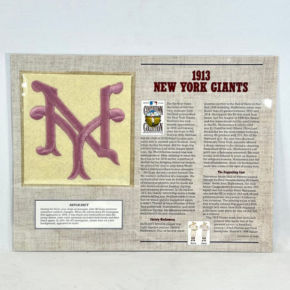 Vintage New York Giants logo patch with historical text on a light gray background
