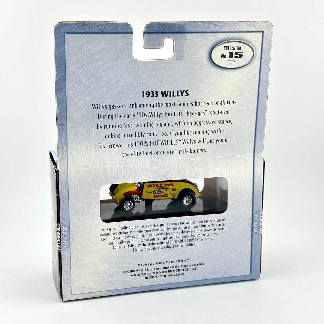 Back of a packaged collectible die-cast model car box for 1933 Willys, showing product description text.