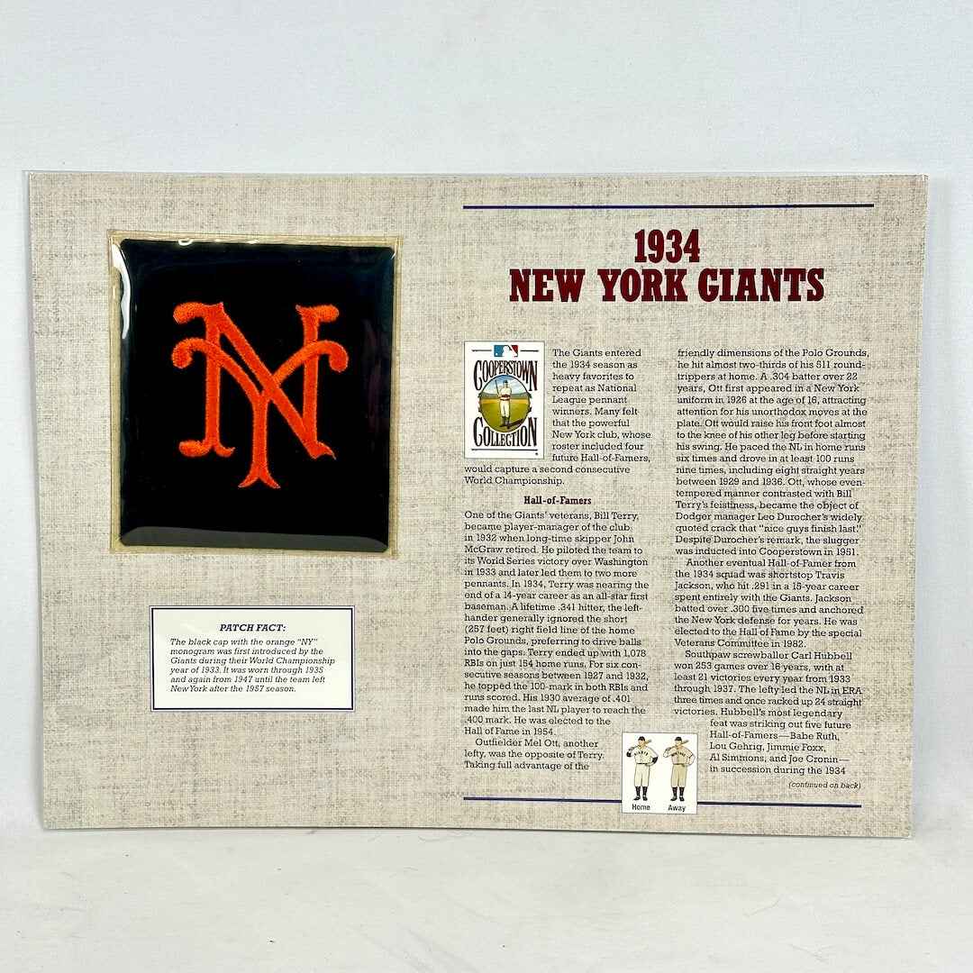Document with 1934 New York Giants logo and text on a beige background