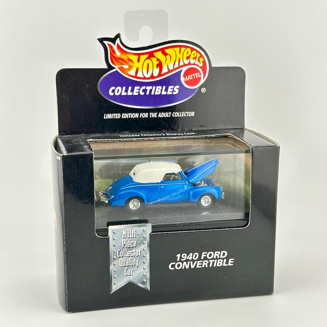 Hot Wheels Collectibles 1940 Ford Convertible die-cast collector car in its original black packaging.