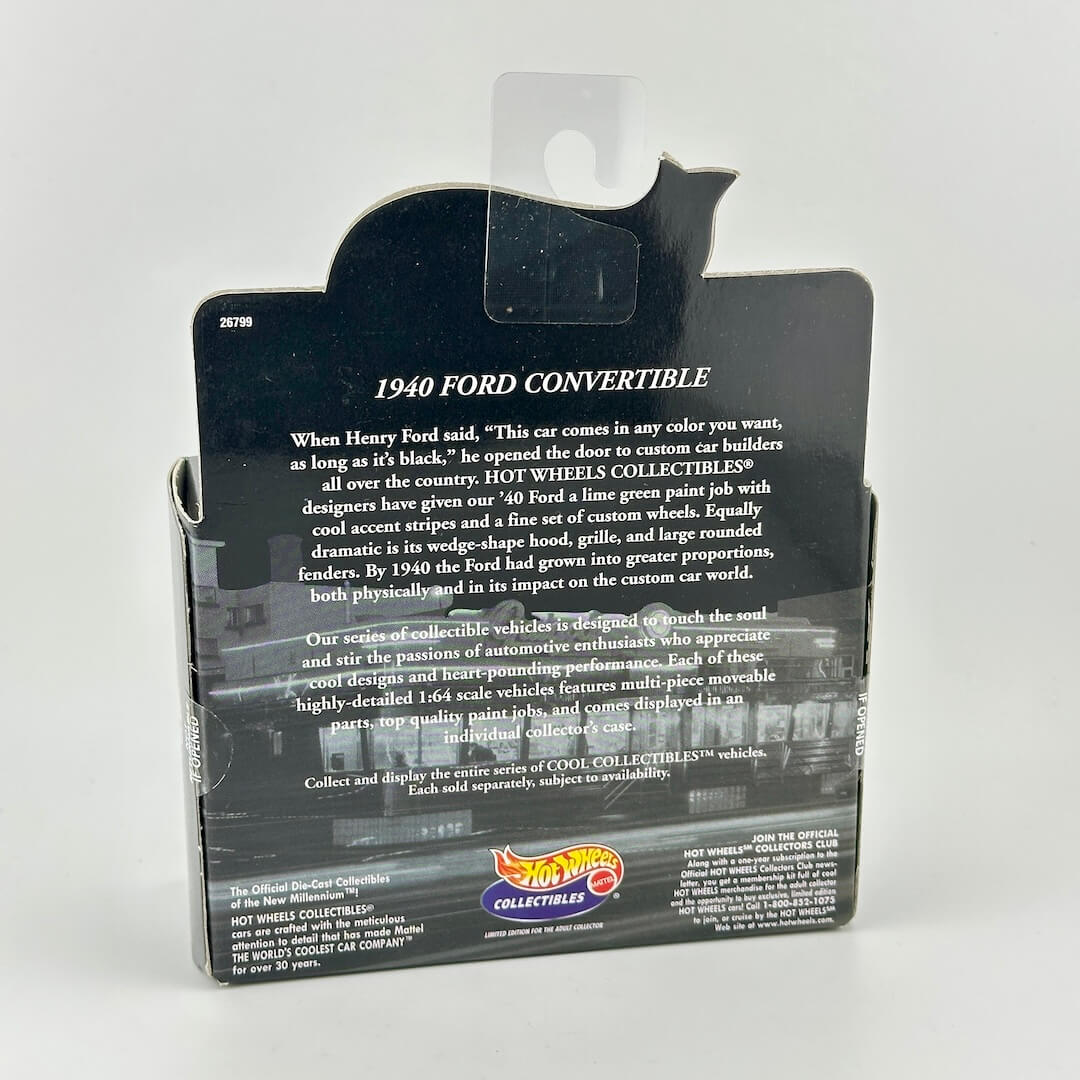 Hot Wheels Collectibles 1940 Ford Convertible blister card back, showing product details, & the Hot Wheels logo.