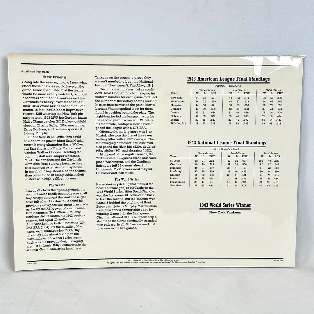 Sheet of paper with 1943 American League and National League final standings and World Series winner text.