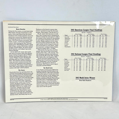 Sheet of paper with 1943 American League and National League final standings and World Series winner text.