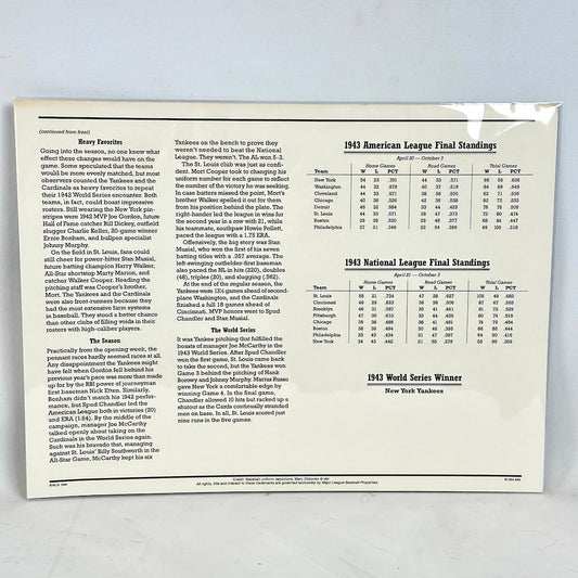 Sheet of paper with 1943 American League and National League final standings and World Series winner text.