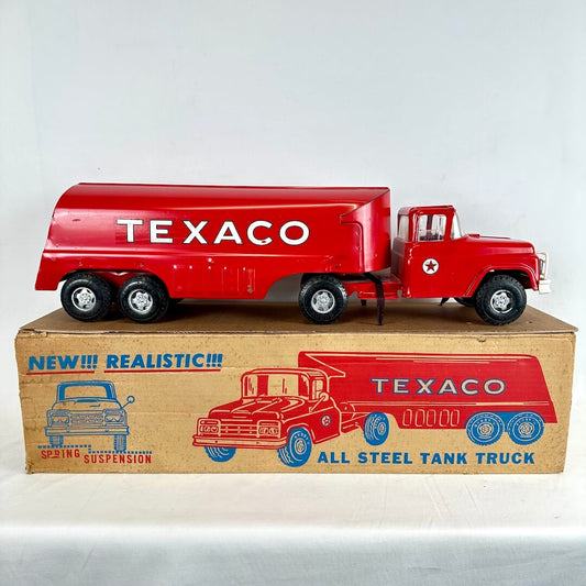 Red Texaco toy truck on top of its packaging box with a white background
