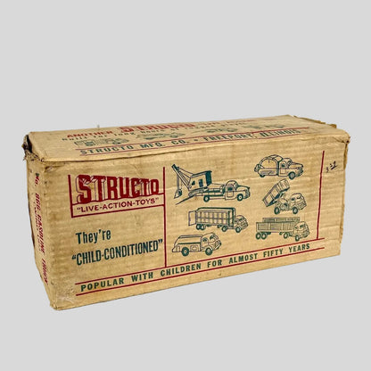 Vintage Structo toy box with toy illustrations on a white background