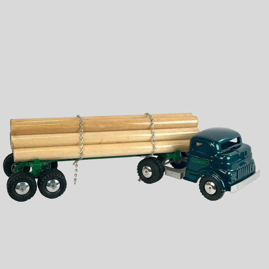Model truck with wooden logs on a white background