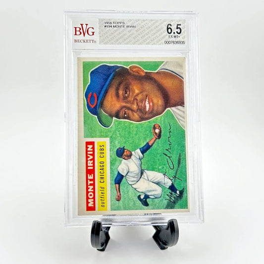 Vintage baseball trading card of Monte Irvin in a display case with BVG Beckett grading label.