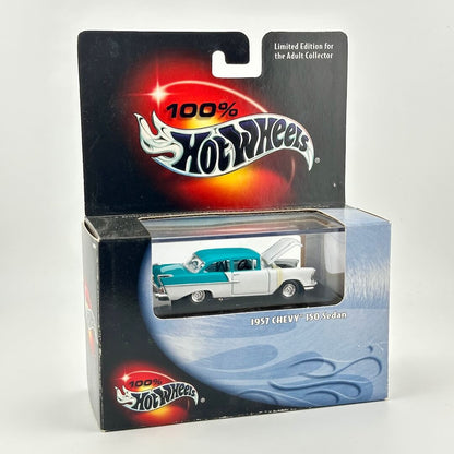 Teal and white 1957 Chevy 150 Sedan diecast car in retail packaging with Hot Wheels branding and window to show car. 