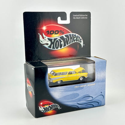 A Hot Wheels 1957 Chevy Nomad diecast toy car in its original packaging, featuring a yellow car.