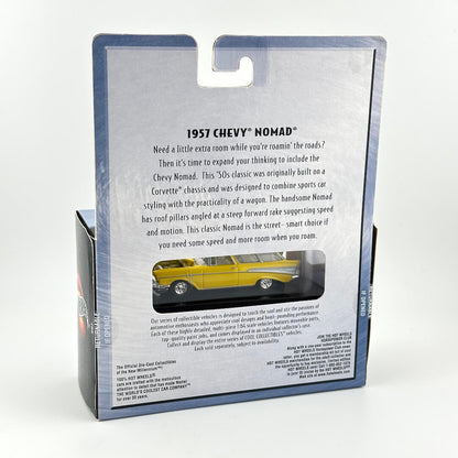 Back view of a 1957 Chevy Nomad diecast model car in its original packaging, showing product details.