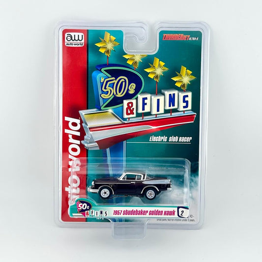 Model car packaging with '50s & Fins' branding on a white background