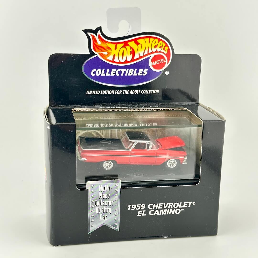 Hot Wheels Collectibles 1959 Chevrolet El Camino die-cast model car in its original black packaging box with a clear window.