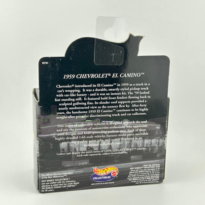 Back of a Hot Wheels packaging for a 1959 Chevrolet El Camino, featuring white text on a black background.