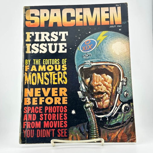 Vintage magazine cover featuring a spaceman in a helmet with text about space photos and stories from movies.