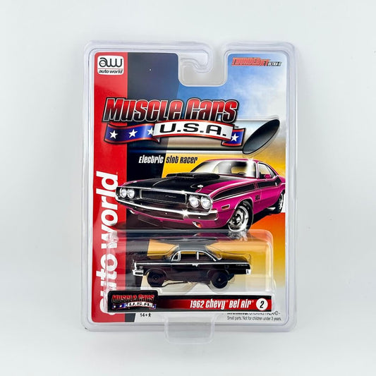 Model car packaging featuring a 1962 Chevy Bel Air with Auto World branding.