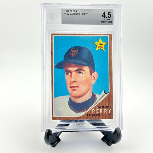 Baseball trading card of Gaylord Perry in a protective case on a white background