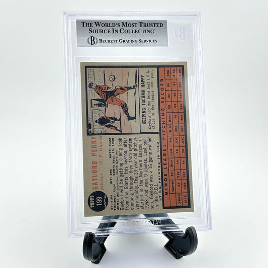 Vintage baseball card in a protective frame with 'Beckett Grading Services' label on a white background