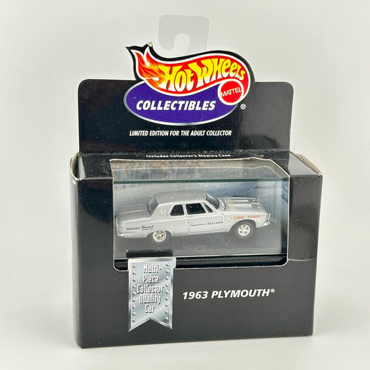 Hot Wheels Collectibles 1963 Plymouth Fury die-cast toy car in its original black packaging box with a clear window.