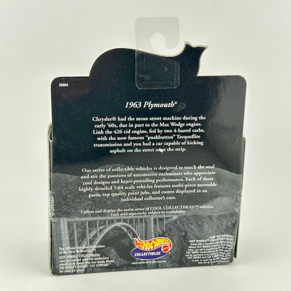 Back of retail packaging for a 1963 Plymouth Hot Wheels collectible vehicle, showing product description text.