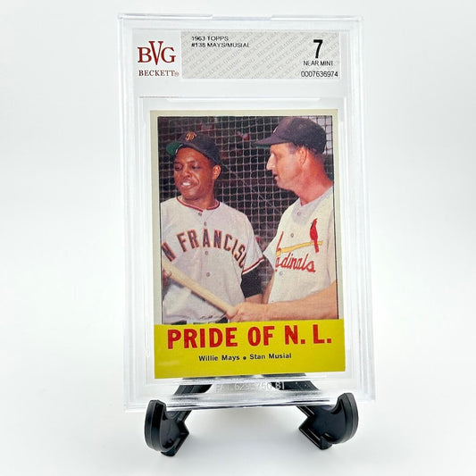 Baseball trading card featuring Willie Mays and Stan Musial with BVG grading label.