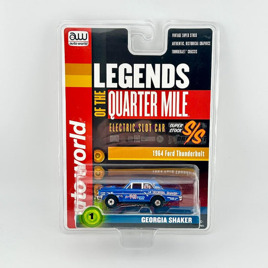 Slot car packaging with 'Legends of the Quarter Mile' branding on a white background