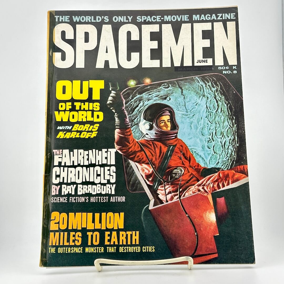 Vintage magazine cover titled 'Spacemen' with an astronaut illustration on a white background