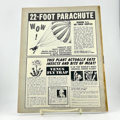 Vintage-style advertisement for a 22-foot parachute and Venus fly trap on a white background