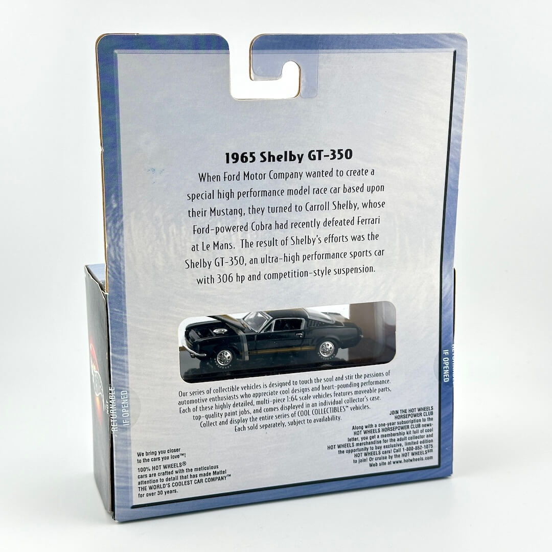 Back view of a 1965 Shelby GT-350 diecast model car package, showing product history text.