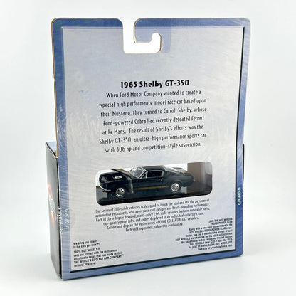 Back view of a 1965 Shelby GT-350 diecast model car package, showing product history text.